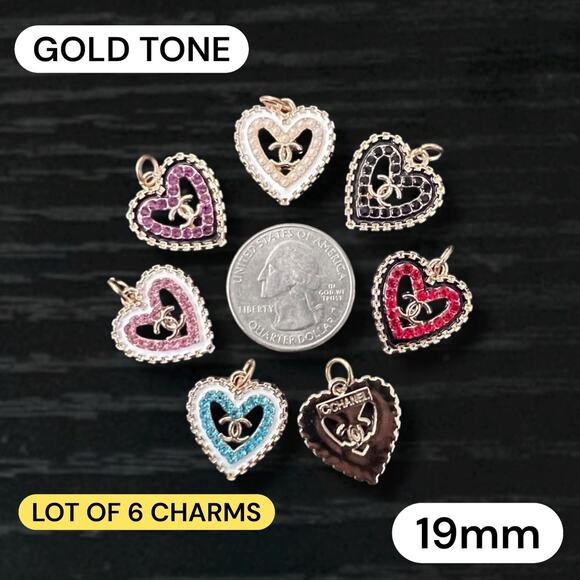Lot Of 6 CC Heart Gold Tone Zipper Pull Button Charms 19mm - Picture 1 of 2